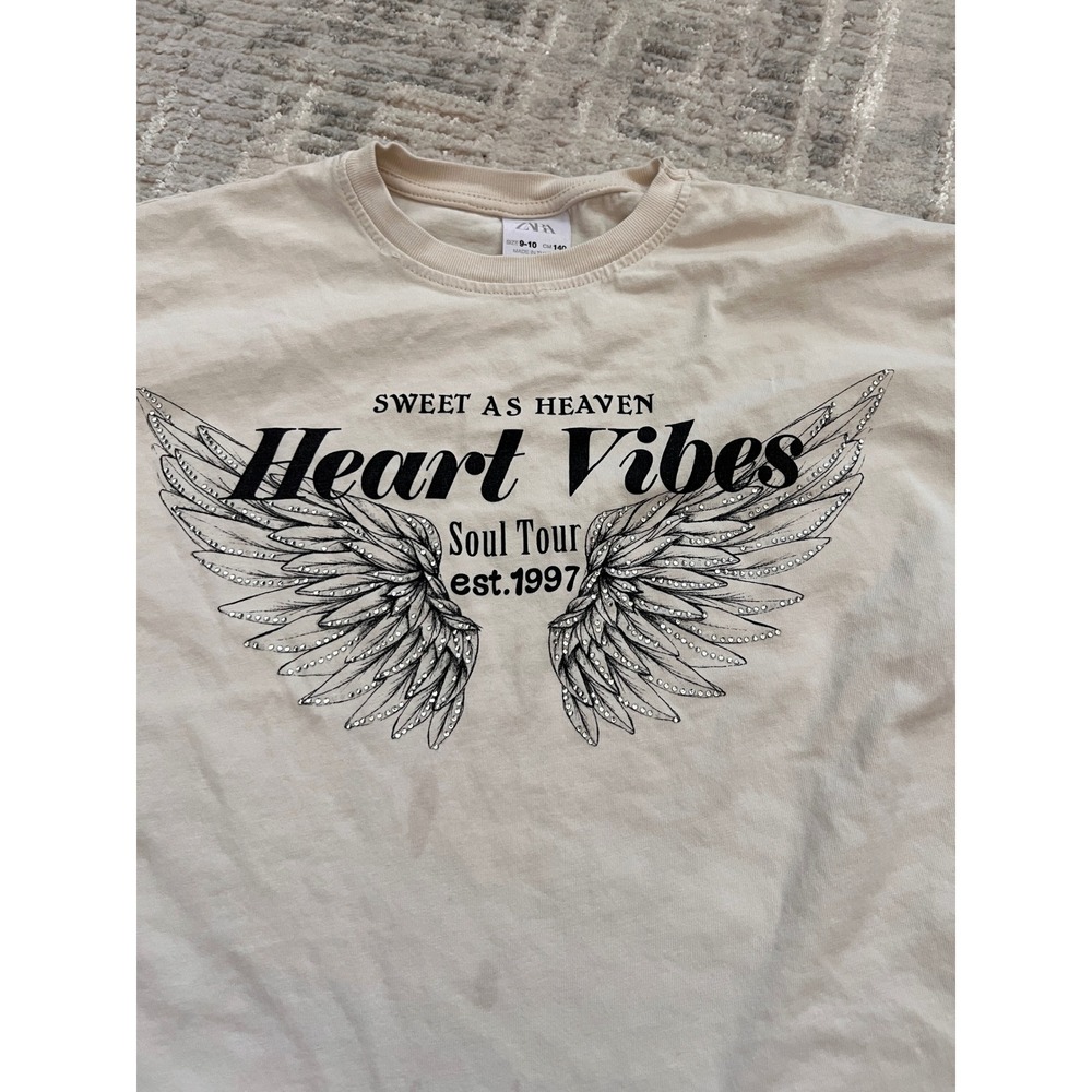 Zara Kids Graphic Tee Sweet As Heaven Heart Vibes Beige Top Size 9-10 - Picture 4 of 11